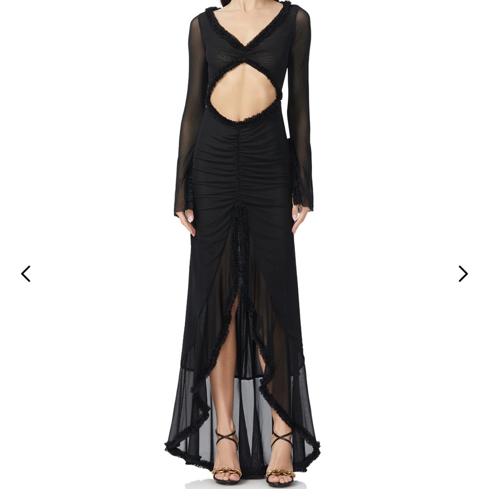 AFRM Cat ruffle cutout Black Bell Sleeve Plunge Maxi Dress Morticia Wednesday
